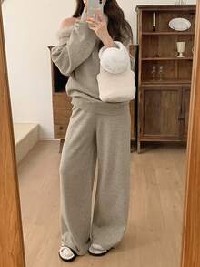 DAZY 2 件女士纯色斜肩长袖宽松针织毛衣带毛领冬季 - 卡其色 - 查看 7