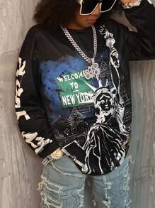 Coolane Tween Boys Fall Clothes,Streetwear , Statue Of Liberty Print Crew Neck Casual Long Sleeve T-Shirt, Back To School  , Homecoming Winter - Black - View 1