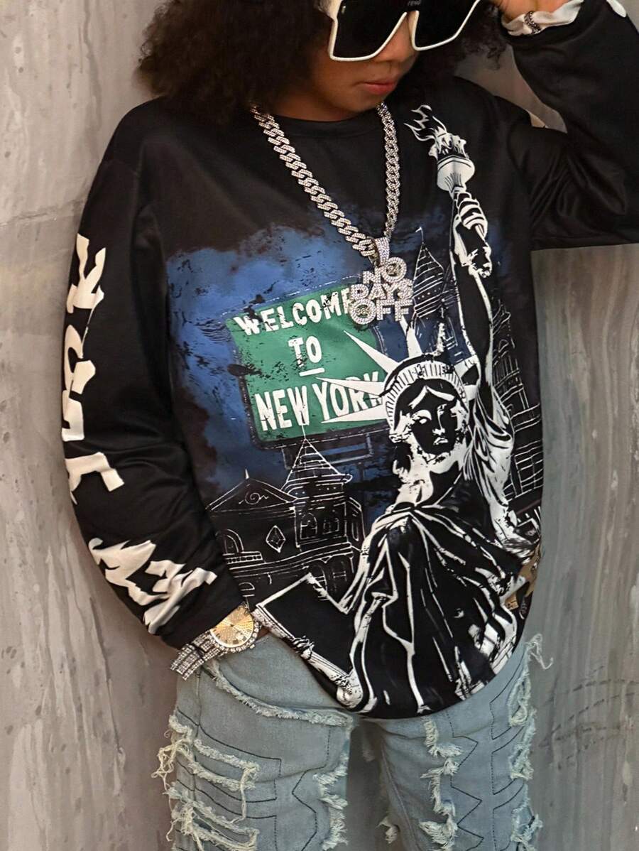 Coolane Tween Boys Fall Clothes,Streetwear , Statue Of Liberty Print Crew Neck Casual Long Sleeve T-Shirt, Back To School  , Homecoming Winter - Black - View 1