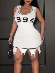 Slaydiva Novo Lançamento 2025 Vestido de Tricô Corpete Preto e Branco Minimalista Sexy/Streetwear/Casual, Elástico, Desgastado, Franzido na Cintura, Sem Mangas, Plus Size para Mulheres