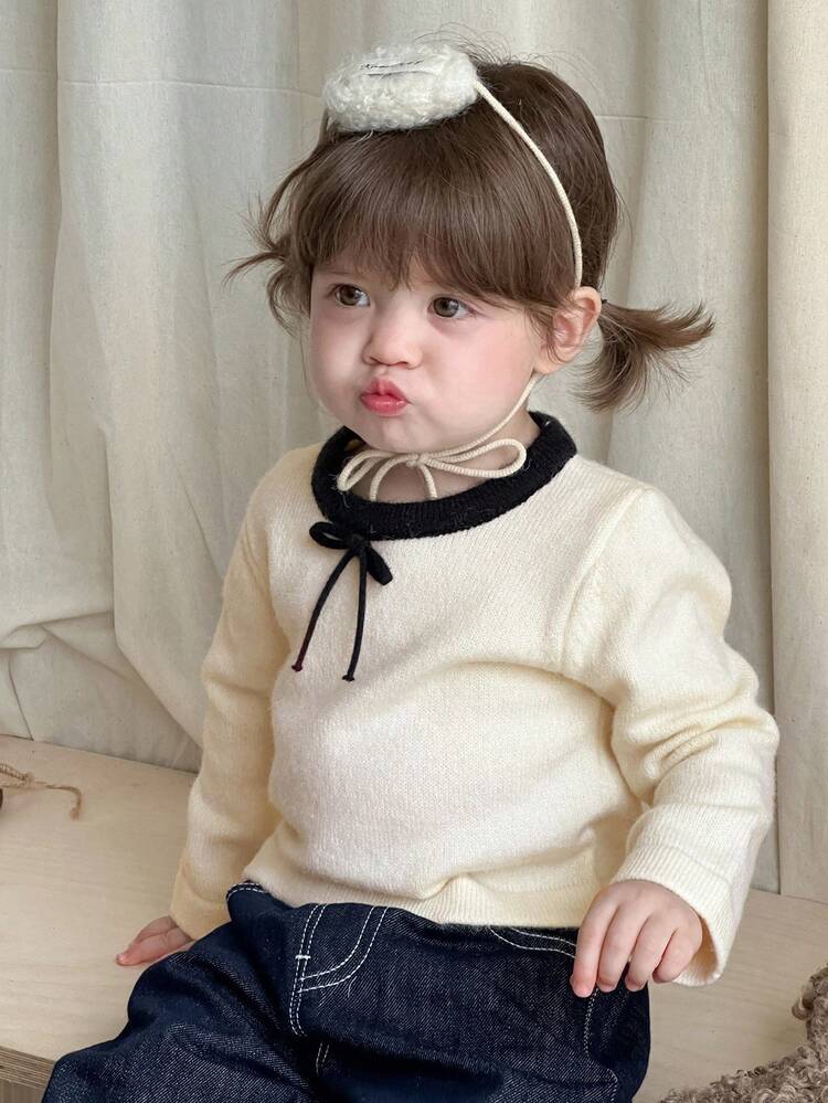 Baby Girls' Round Neck Bowknot Long Sleeve Sweater, Korean Style Fall, Winter Clothes