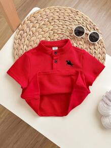 Baby Boy Casual Cute Versatile Red Collar Short Sleeve Top, Suitable For Birthday Party, Evening Party, Performance, Wedding, Baby Shower, One Month Celebration, One Year Old Celebration