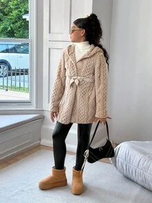 SHEIN Girls' Basic Casual Cute New Hooded Warm Jacket, Autumn/Winter - Camel - View 4