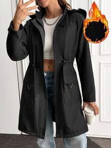 EURMUSE Parka d'hiver avec capuche bordée de fausse fourrure, col montant, poches zippées multiples, taille ajustable et fermeture à boutons-pression devant. Vêtement d'extérieur chaud et pratique - Noir - Voir 1