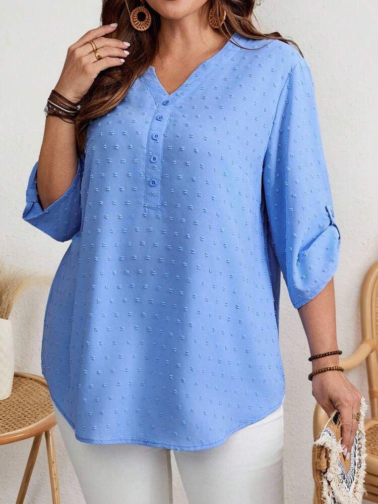 Chemise décontractée ample à manches retroussées et boutons pour femmes grandes tailles, couleur unie, blouse col V, top bleu clair, hauts grande taille pour l'automne, hauts pour enseignantes grandes tailles, sortie, tenue de bureau décontractée, hauts basiques, chemise boutonnée pour femmes, printemps/été/vacances