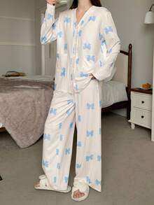 少女春秋条纹纹理可爱蝴蝶结图案印花开衫睡衣套装，居家休闲 - 藍白色 - 查看 4