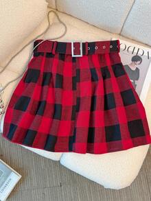 Franclia Chân váy xếp ly mini dáng chữ A kẻ caro dành cho nữ - Màu Đỏ Sâu - Xem 5