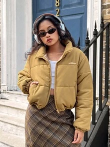 SHEIN Explorewe Teen Girl One Piece Retro Short Stand Collar Padded Coat, Casual Padded Coat, Suitable For Autumn/Winter Daily Wear, Great For School, Outing Or