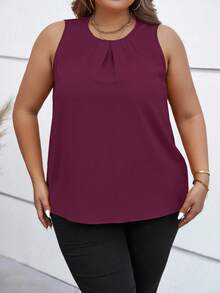 SHEIN Clasi Kemeja Kasual Tanpa Lengan Ukuran Besar Warna Polos, Musim Panas - Red Violet - View 6