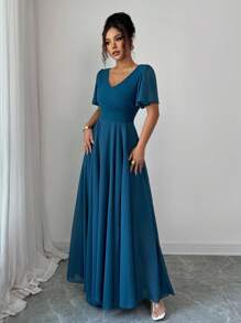 Elenzga 荷叶边袖腰部收紧 V 领 A 字型简约优雅浪漫精致女士连衣裙 - 水鴨藍 - 查看 3