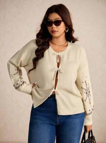 Elaquor Plus Size Elegant French Style Casual Striped Print Lightweight Knit Pullover Sweater For Women Autumn Winter Clothes For Women Fall/Winter - Beige - View 3