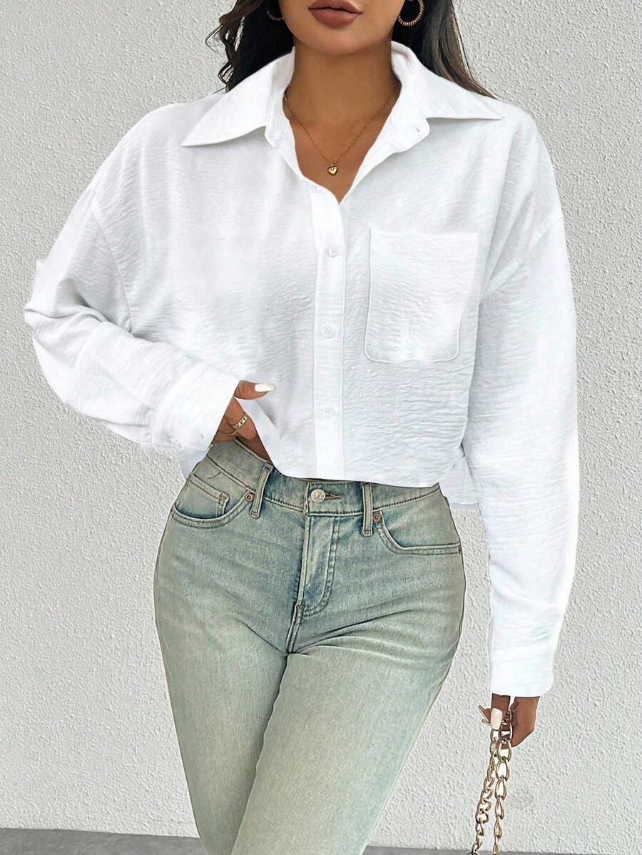 EMERY ROSE 休闲百搭时尚长袖单襟翻领纽扣女式衬衫，随机花卉印花设计 - 白色 - 查看 1