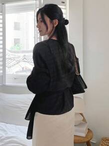 DAZY 女式系腰宽松套头长袖衬衫秋季上衣 - 黑色 - 查看 5