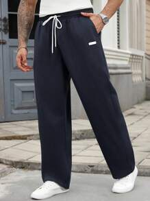 Manfinity Homme Pantalon casual ample à jambe droite avec taille à cordon et poches, pour l'automne, tailles plus pour hommes - Bleu marine - Voir 1