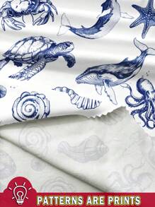 SHEIN EZwear Women Crew Neck Fitted Ocean Animal Starfish Shell Print Crop Top, Casual Summer Holiday Beach Back To School - White - View 3