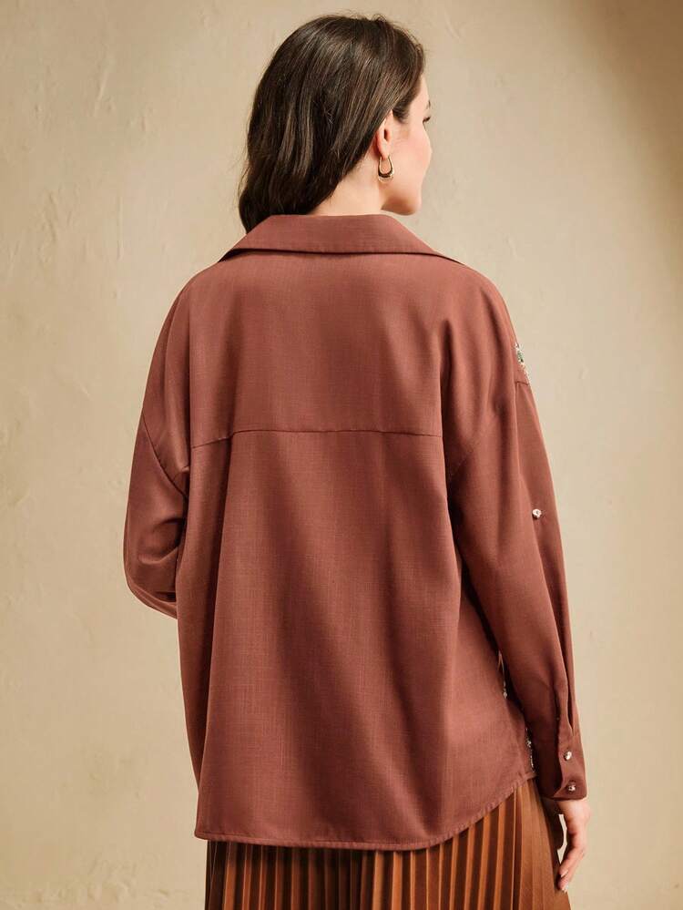 Women's Fall Floral Sequin Drop Shoulder Long Sleeve Single-Breasted Fashion Shirt