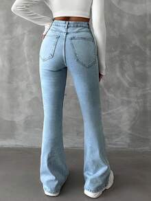 SHEIN Tall 98%纯棉拉链破洞喇叭裤牛仔裤 - 中等水洗藍 - 查看 2