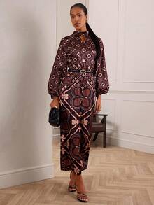 Lilora Women's Elegant Dark Brown Printed Patchwork Lantern Sleeve Maxi Dress,Autumn Commuter Long Sleeve Fall Dresses For Dining - Multicolor - View 1