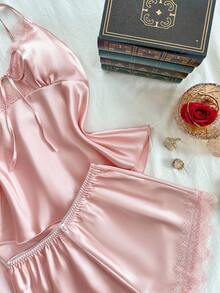 SilkySpell 4件套女士性感蕾丝吊带背心、蕾丝边短裤、长裤、优雅缎面腰带睡袍套装、睡衣内衣套装、秋冬服装 - 粉色 - 查看 4