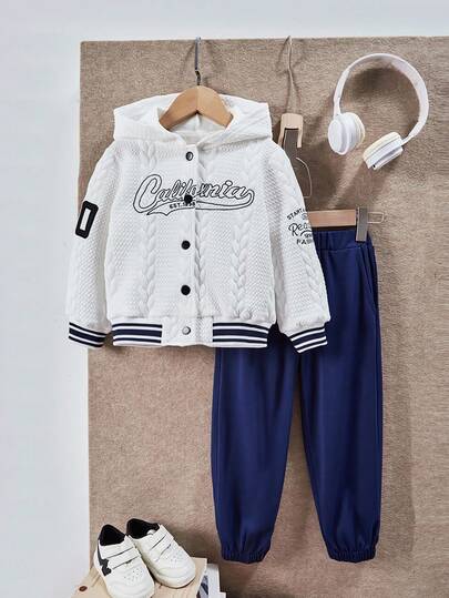 SHEIN Explorewe 2pcs Young Boy Autumn/Winter Collegiate Stylish Letter Hoodie Jacket Paired With Cuffed Pants, Suitable For Casual & Commute Wear Fall