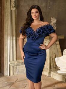 Aureia Đầm cỡ lớn mùa thu đông thanh lịch, lãng mạn, lộng lẫy với cổ áo cách điệu, tay áo bồng bềnh, thiết kế đính sequin, xếp ly ôm sát hông, thích hợp cho tiệc sinh nhật, tiệc tối, khiêu vũ, kỳ nghỉ, lễ tốt nghiệp, lễ hội, đám cưới, tiệc cocktail, ngày Valentine. - Màu xanh hải quân - Xem 7