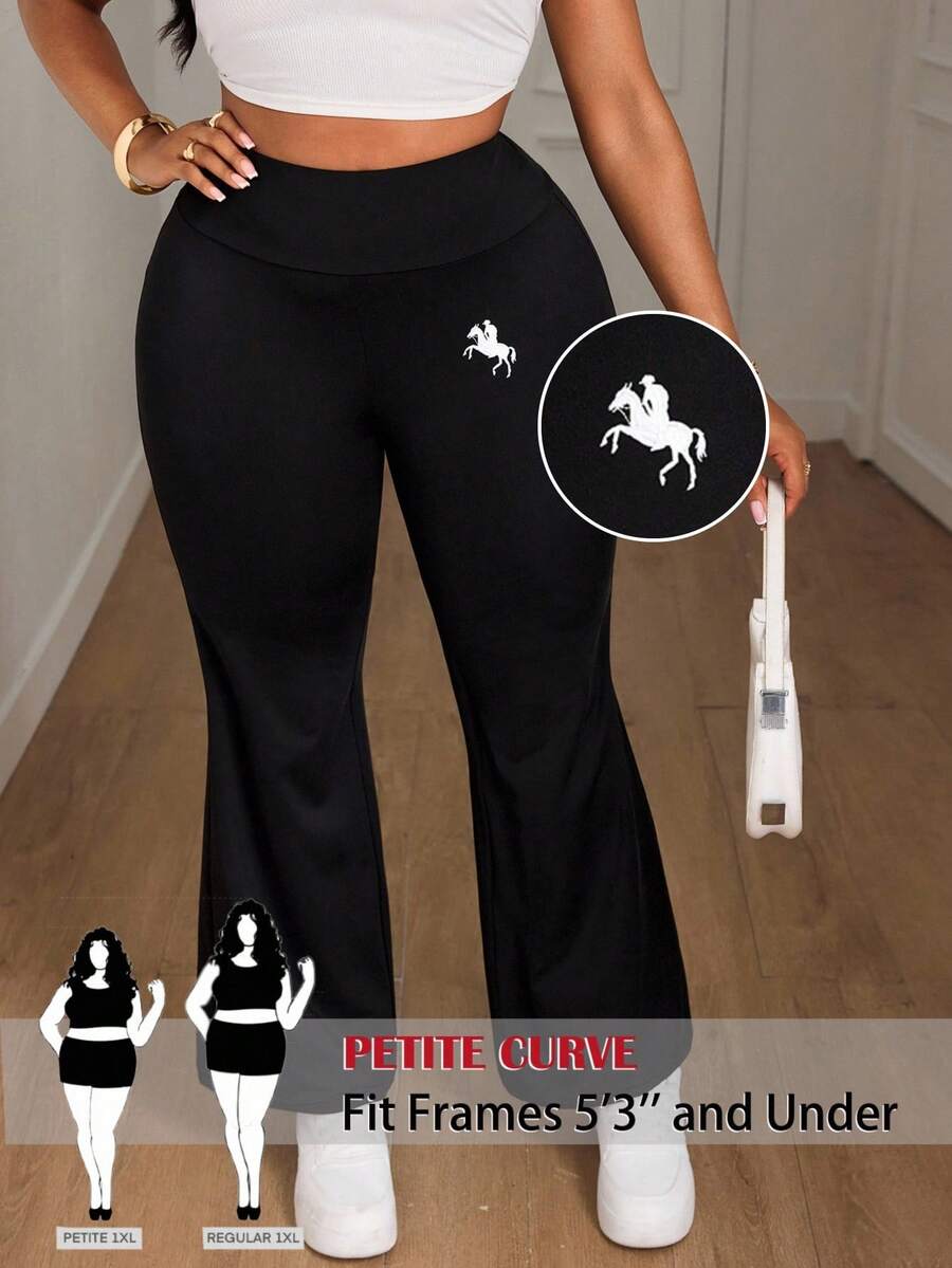 SHEIN PETITE CURVE Damen Große Größen Lässige Weiche Schlaghose mit hohem Bund und Ritter-Muster, Petite Sweat-Kurven-Set, Schlag-Leggings für Fitness, Urlaub und Resort, Schwarz, Herbst - Schwarz - Übersicht 1