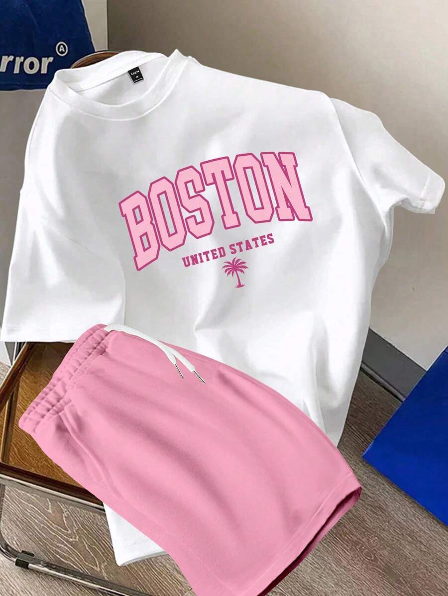 Manfinity Hypemode 2 Stücke Herren Standard Größe Lässig einfaches Buchstaben-Muster weiß Kurzarm T-Shirt und rosa gewebte Shorts Set, Herren Sommer Outfit - Verschiedenfarbig - Übersicht 1