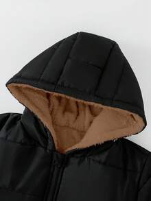 SHEIN 青少年女孩纯色长袖拉链连帽羊毛休闲冬季夹克 - 棕色 - 查看 4