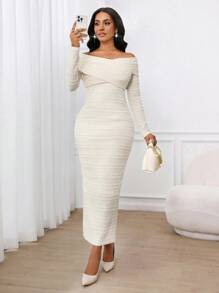 SHEIN Lady 白色针织提花重叠领铅笔长袖连衣裙鸡尾酒会海滩 - 米色 - 查看 7