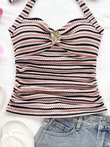 Soleia Vacation Halter Tie V-Neck Floral Metal Buckle White Knit Textured Fitted Tank Top, Suitable For Vacation, Music Festival, Bohemian, Holiday, Date, Afternoon Tea Striped Swimsuits Top Knitted Bathing Suit Top Bathing Suits Top Striped Tube Top Crochet Swimsuit Top,Party