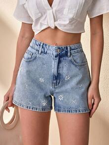 CLARA VERO Short de mezclilla mini con detalle de rhinestones a la cintura media