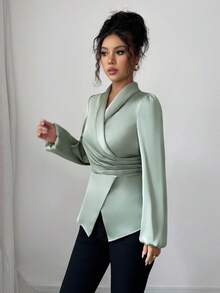 Elenzga 女式秋季编织不对称荷叶边收腰灯笼袖优雅休闲衬衫 - 綠色 - 查看 5