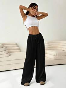 Solflare 大码纯色休闲打结阔腿裤 - 黑色 - 查看 4