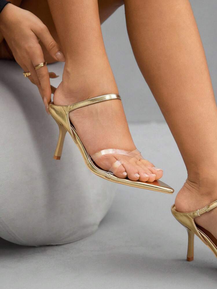 CUCCOO SZL Women's Pointed Toe Stiletto High Heel Sandals, Gold Color, Fashion For Daily Commute And Street Wear