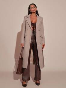 Women's Casual Minimalist Solid Color Pocket Detailed Long Overcoat