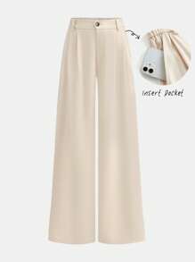 Girlism Quần ống rộng dệt chéo trơn màu mơ cho bé gái tuổi mới lớn có túi xéo, phù hợp cho mùa xuân/hè/thu, mùa tựu trường, phong cách sạch sẽ, thường ngày/đi làm, những dịp linh hoạt - Màu be - Xem 1