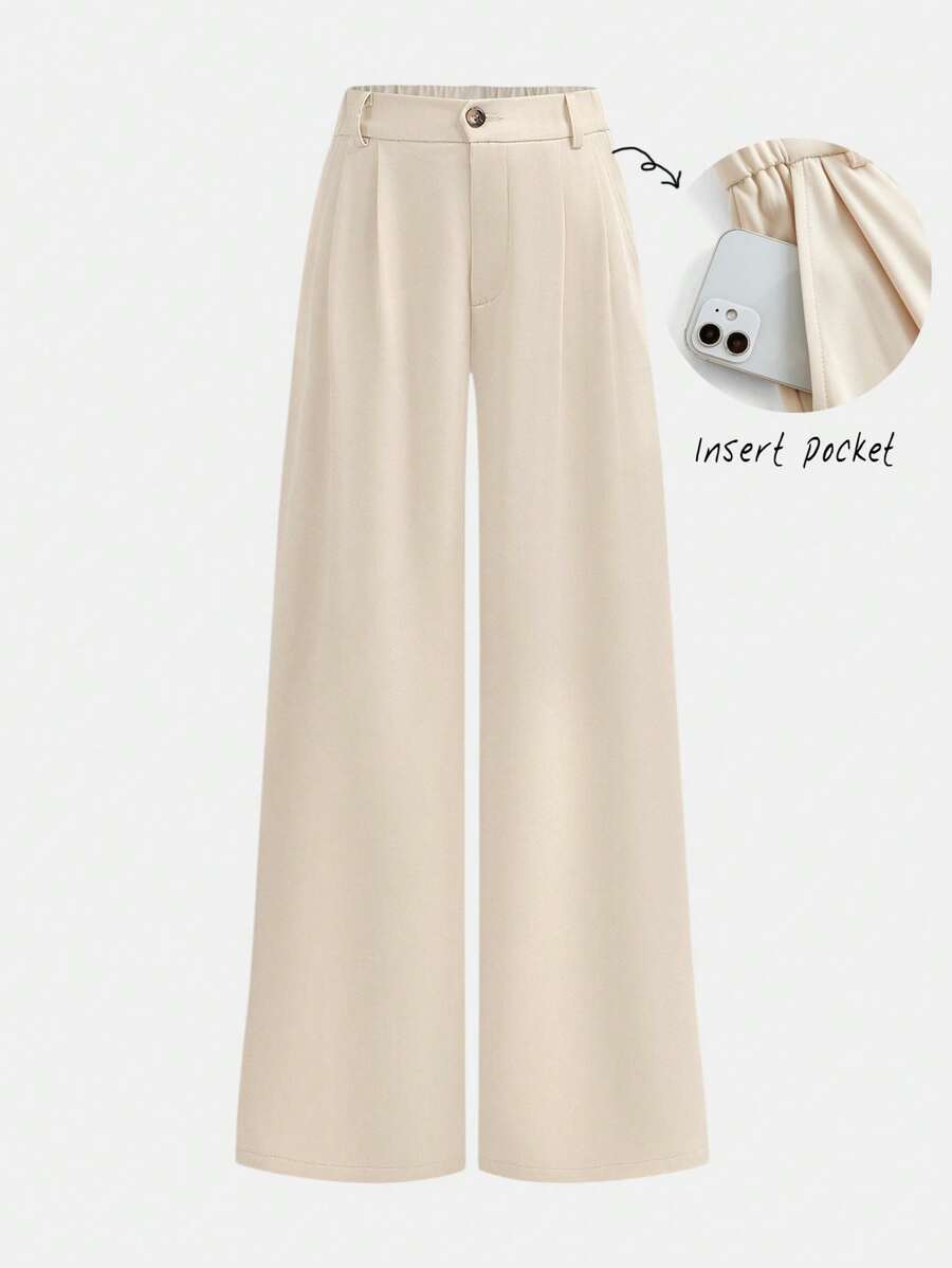 Girlism Quần ống rộng dệt chéo trơn màu mơ cho bé gái tuổi mới lớn có túi xéo, phù hợp cho mùa xuân/hè/thu, mùa tựu trường, phong cách sạch sẽ, thường ngày/đi làm, những dịp linh hoạt - Màu be - Xem 1