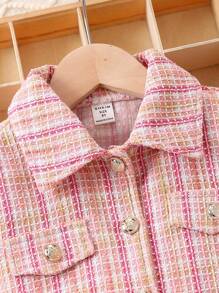 SHEIN Chica preadolescente con estampado de cuadros con diseño de solapa tweed Cazadora & Falda fruncido & Sombrero - Rosa - Ver 8