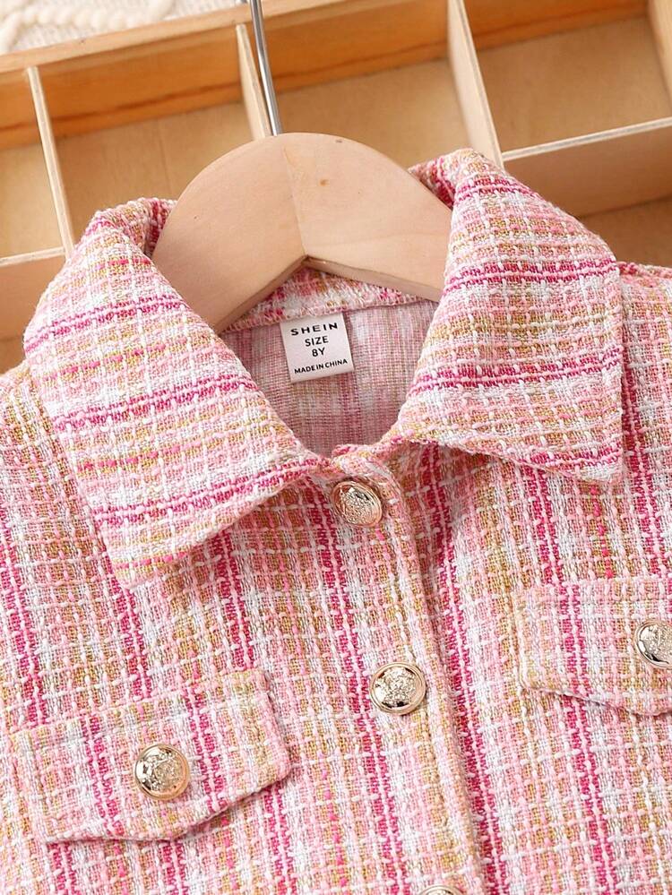 Tween Girl Plaid Print Flap Detail Tweed Jacket & Pleated Skirt & Hat