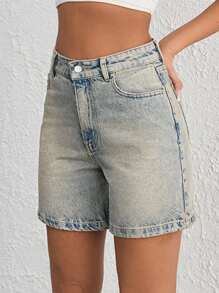 EURMUSE WOMEN VINTAGE WASH HIGH WAIST DENIM SHORT Y2K STYLE - Light Wash - View 3
