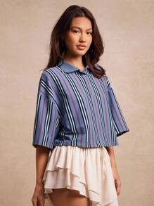 WESTFADE 条纹罗纹针织短袖宽松短款纽扣前部 Polo 衫 返校可爱秋季乡村音乐会 - 藍色 - 查看 4