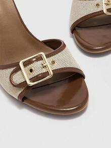 CUCCOO BIZCHIC Giày cao gót mũi tròn thời trang màu nâu và trắng, khóa vàng, phù hợp cho việc đi lại hàng ngày - màu nâu - Xem 6