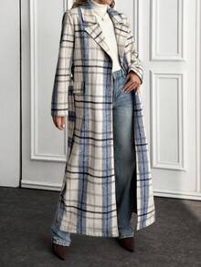 EURMUSE Plaid Texture, Open Front, Belted, Cashmere Overcoats - Multicolor - View 3