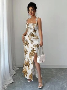 Elenzga 新款女式细肩带蝴蝶结腰部褶饰下摆开衩设计连衣裙，适合约会、派对、日常穿着，优雅迷人 - 棕色 - 查看 4