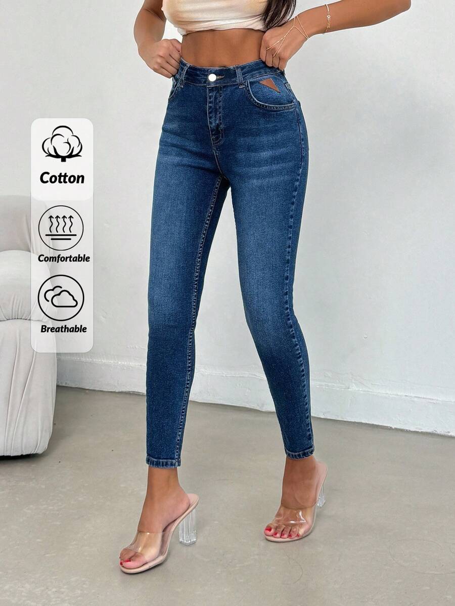 EURMUSE Petite 97% Algodón Lavado Alto con Detalles de Jacrón Jeans Skinny, Mujeres Petite - Azul lavado medio - Ver 1