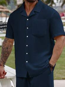 Manfinity RSRT Plus Size Men's Casual Solid Color Short Sleeve Shirt And Pants Set, Summer - Royal Blue - View 4