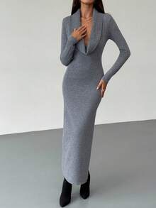 Aloruh Vestido de suéter de punto con cuello alto, manga larga, ajustado y con abertura alta, minimalista, versátil para capas, apto para otoño/invierno - Gris Oscuro - Ver 7