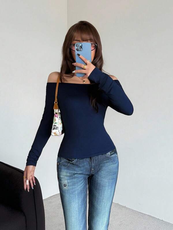 SHEIN Teenager Mädchen Einfarbig Gestrickt Off-Shoulder Langarm Figurbetonte Lässig Bluse