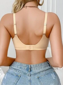 SHEIN 1 件套休闲舒适简约无缝网眼拼接轻质无钢圈柔软支撑女士文胸 - 杏色 - 查看 7
