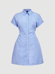 SHEIN MOD 2 件套加大码蓝白条纹衬衫和蕾丝吊带裙，温布尔登风格，温布尔登服装 - 彩色 - 查看 2